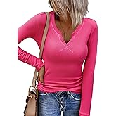 Zeagoo Womens Long Sleeve Shirts V-Neck Rib Knit Slim Fit Tops Casual Stretch Basic Tee Going Out Top Fall Fashion 2025
