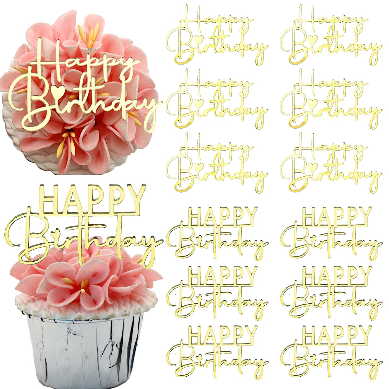 12 Pieces Happy Birthday Cake Toppers, Gold Mirror Acrylic, Cupcake Decoration Party Supplies