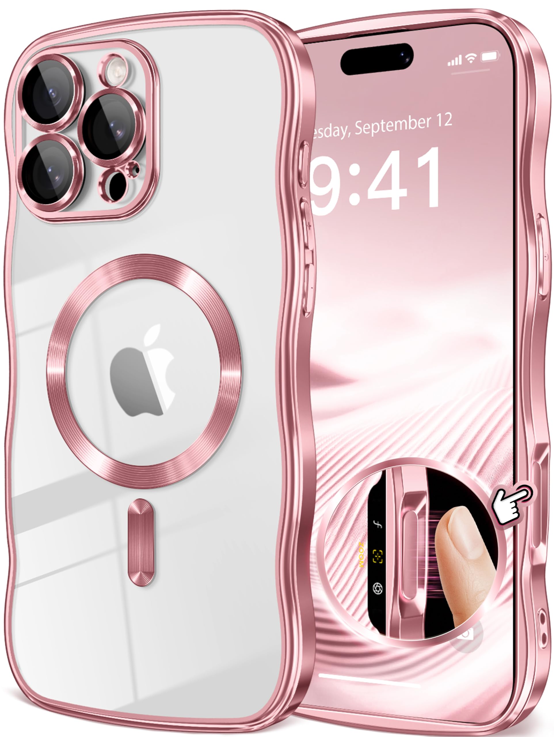 GVIEWIN for iPhone 16 Pro Case Compatible with MagSafe, Upgraded [Full Camera Protection][Cute Wave Frame][Military Grade Protection] Electroplated Soft Phone Cover for Women Girl, Clear/Pink