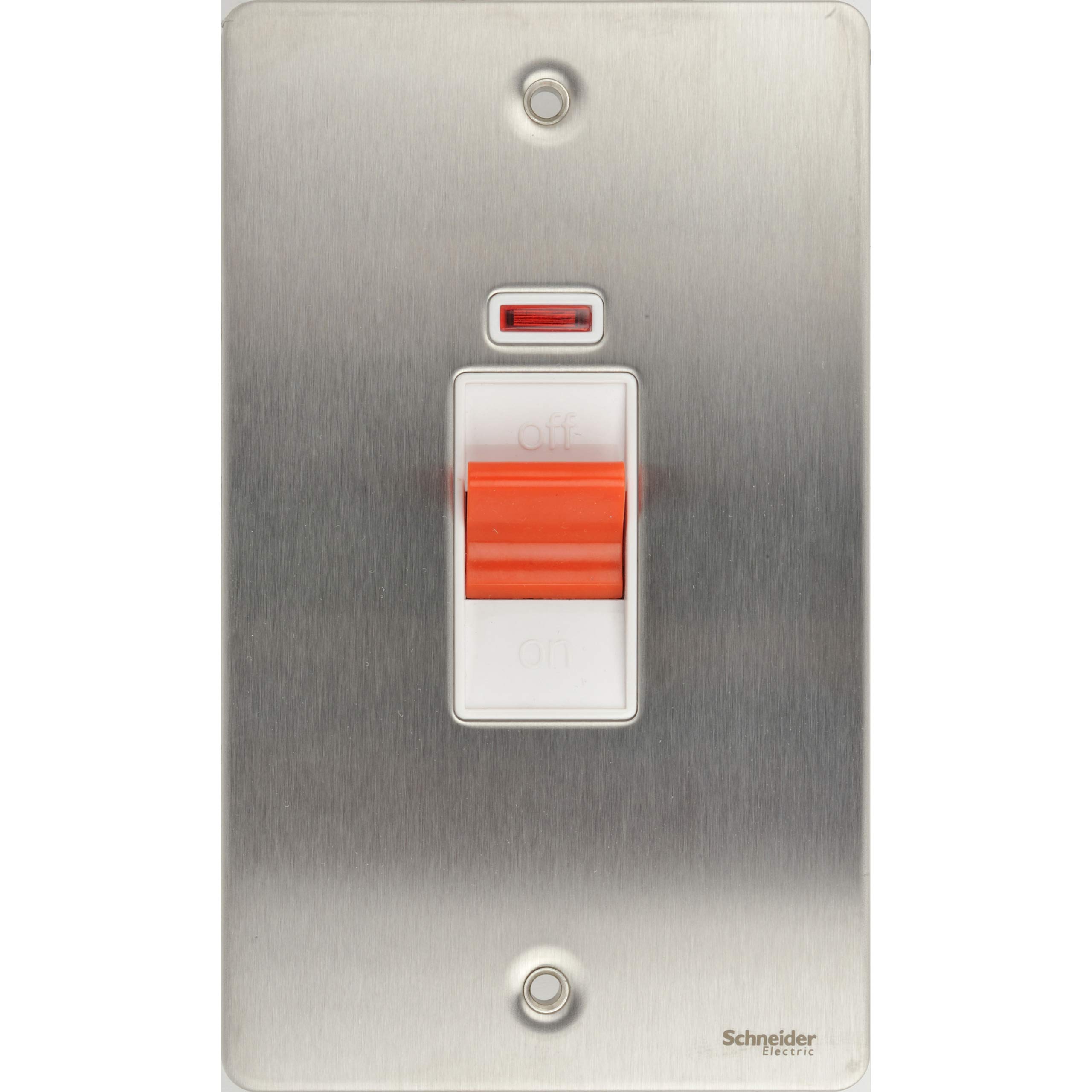 Schneider Electric Ultimate Flat Plate - Single Light Switch, with Neon Indicator, Double Pole, 32A, GU4231WSS, Stainless Steel with White Insert