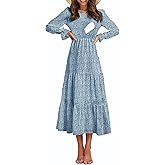 CzzzyL Women's Nursing Dress Flounces Long Sleeve Crew Neck Smocked Bodice Ruched Elastic Waist Tiered Midi with Pockets