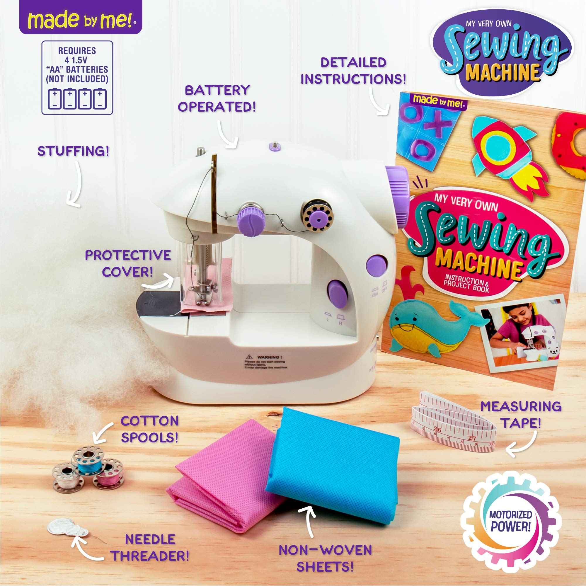 Made By Me My Very Own Sewing Machine for Beginner, Portable Battery Powered First Sewing Machine for Kids Ages 8+, Includes Fabric, Thread, Measuring Tape, & Stuffing,