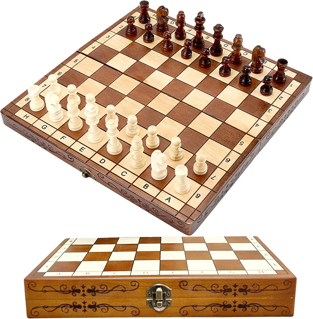 Syrace Folding Hand Crafted Wooden Chess Set Unique Board w/ Storage Gift Kids