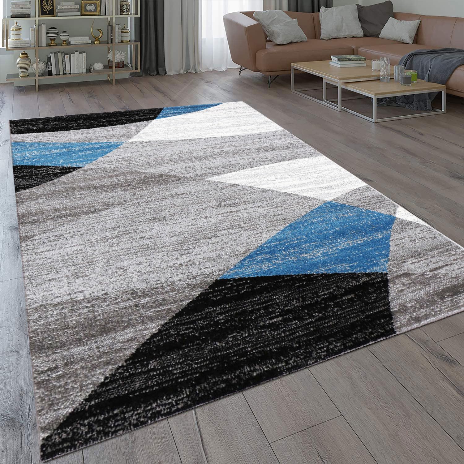 VIMODA Modern Living room Rug Geometrical Pattern Mottled in Grey White Black and Blue - ÖKO TEX Certified - Blue, 60 cm x 110 cm