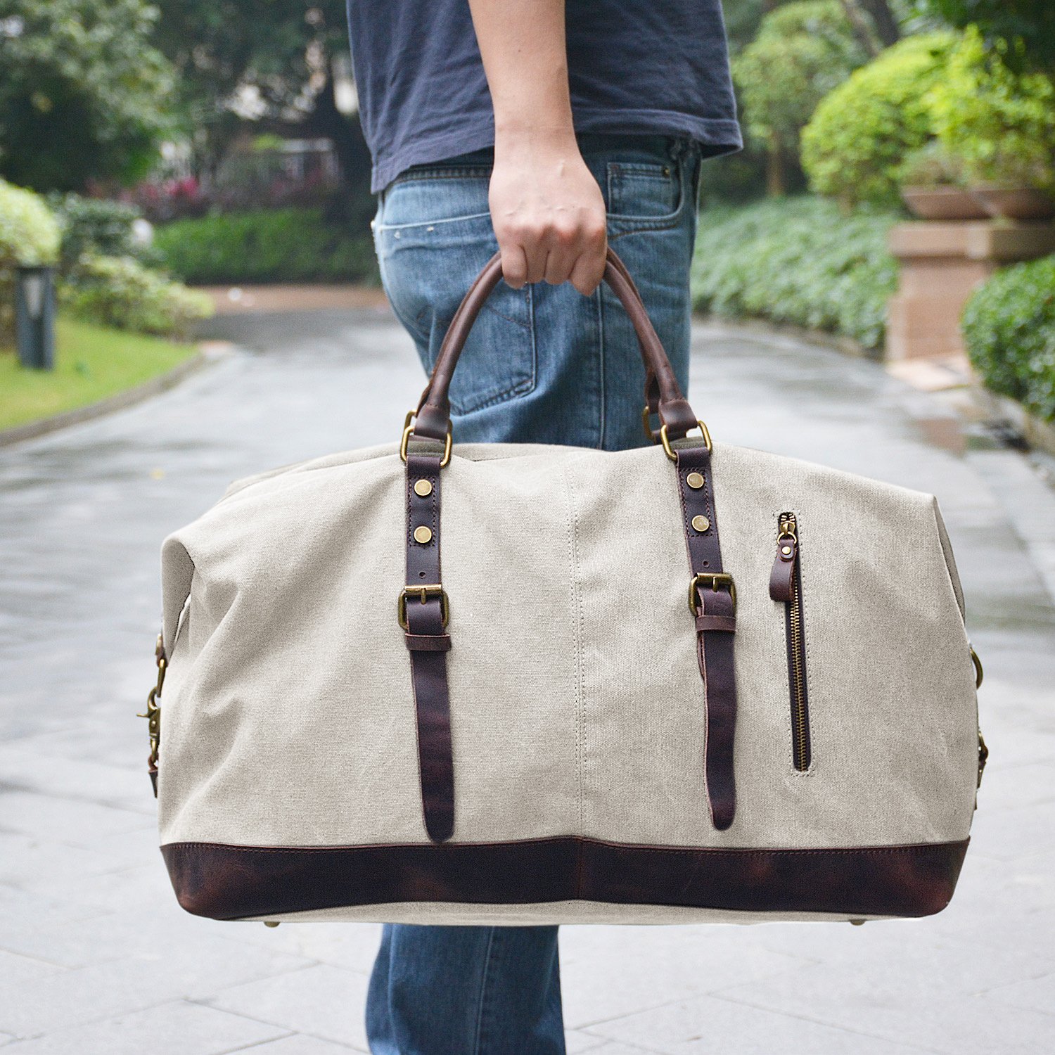 Oversized Canvas Leather Trim Travel Tote Duffel Shoulder Handbag