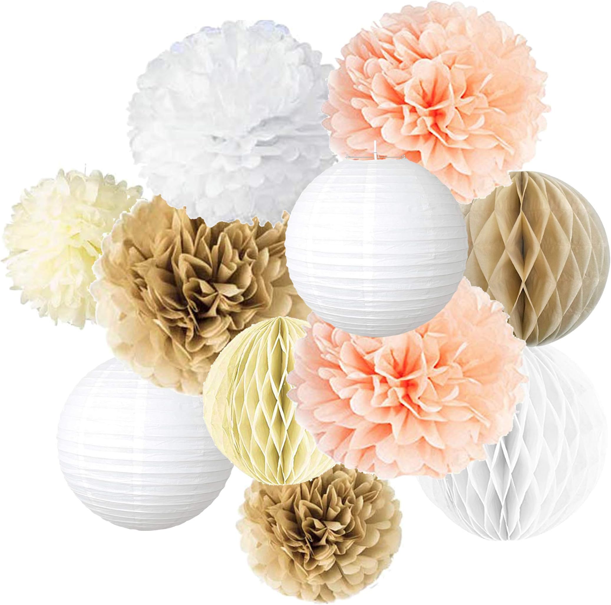 Vidal Crafts 30 Pcs Party Tissue Pom Poms Kit (14",10",8",6") Paper Flowers, Paper Lanterns, Honeycomb Balls, for Wedding, Bridal Shower, Birthday, Vintage Decor (Champagne, Peach, Ivory, White)