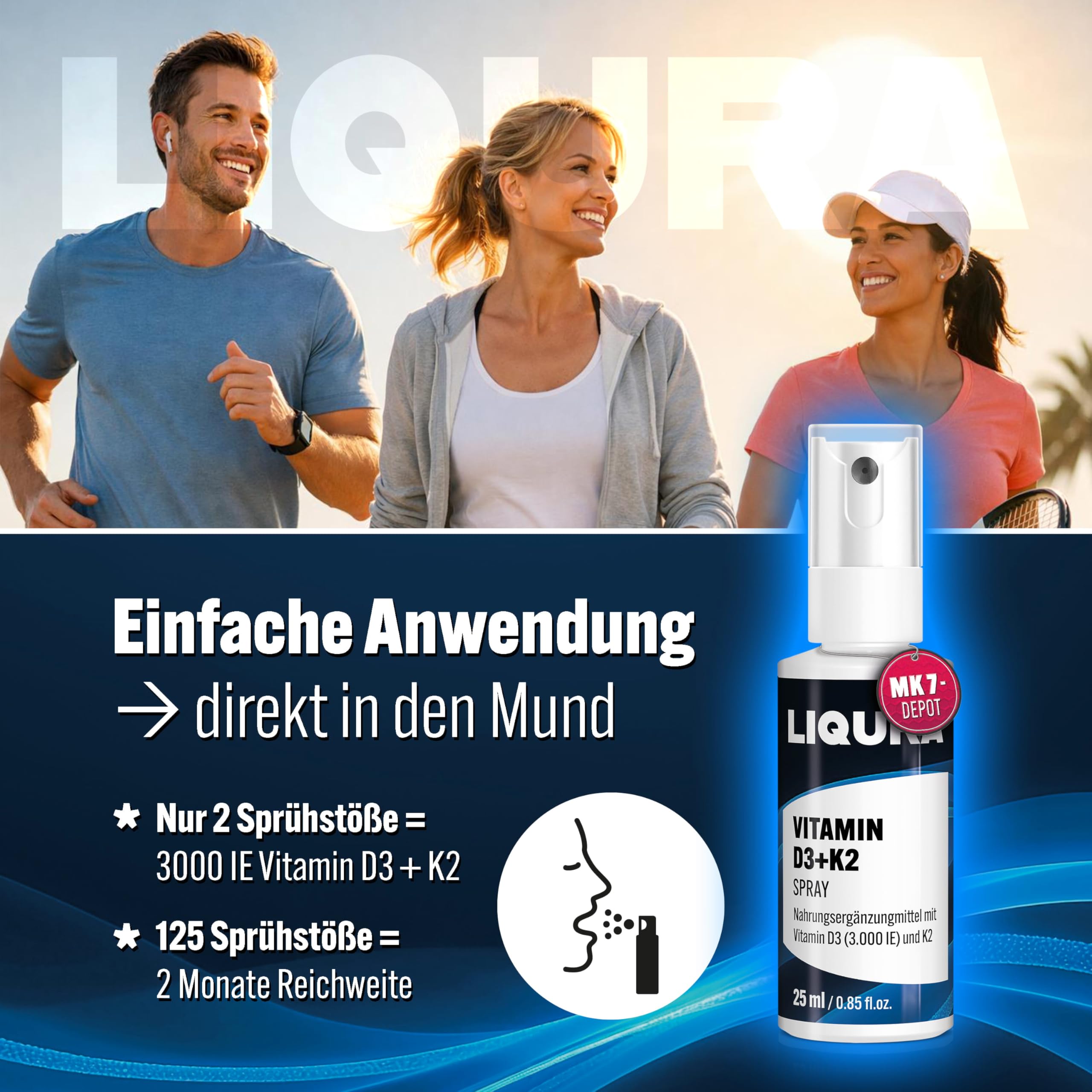 LIQURA Vitamin D3 K2 Spray mit MK7-Depot - hochdosiert (3000 IE) in 2 Sprühstößen - Einfache Dosierung und Alternative zu Vitamin D3 K2 Tropfen oder Kapseln. 125 Sprühstöße, 2 Monate, Vegan 25ml 2