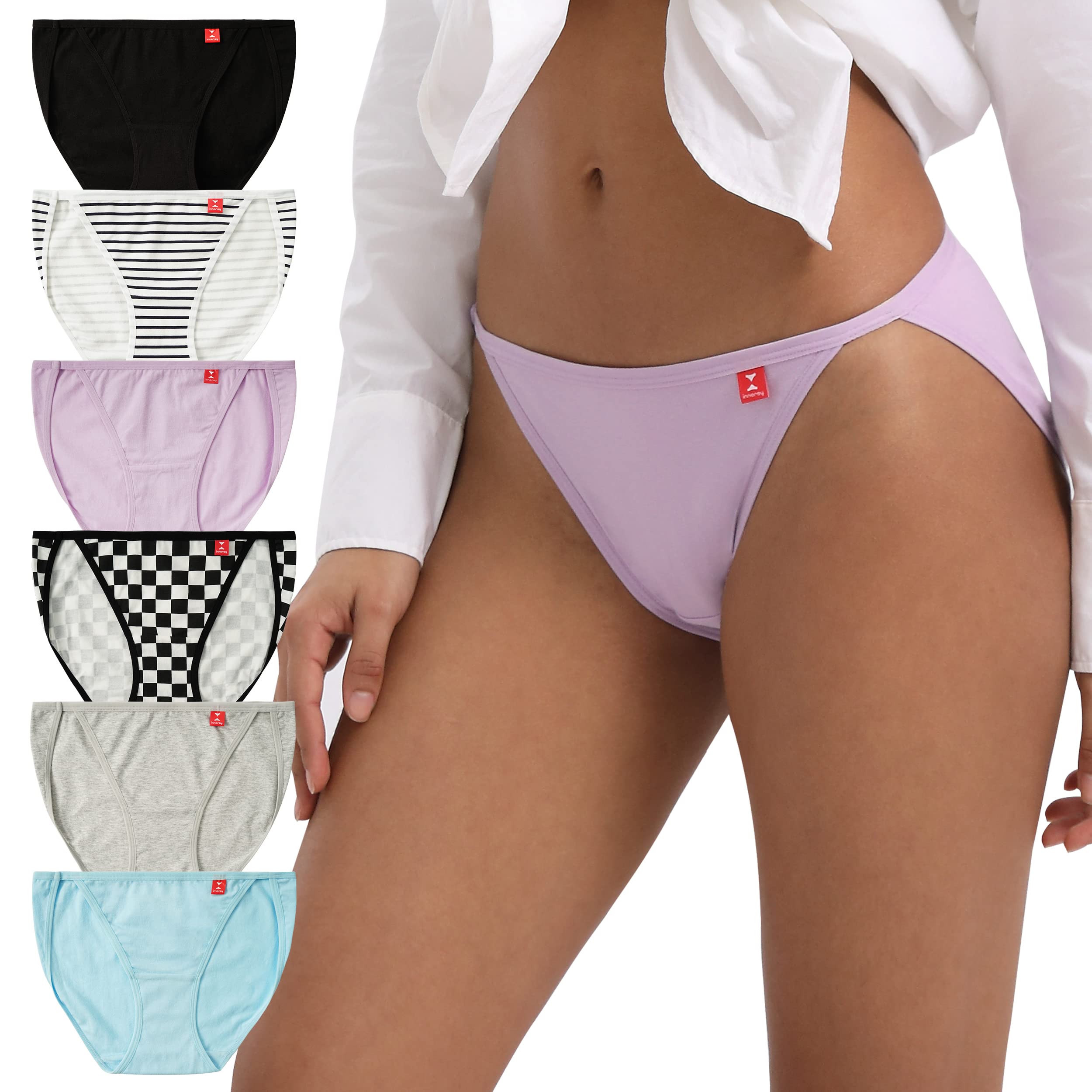 Photo 1 of INNERSY Women's High Cut String Bikini Panties Stretchy Sexy Cotton Underwear 6-Pack(Light Basics,Small)