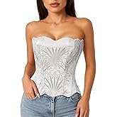 LEACOOLKEY Lacework Corset Top for Women Sexy Textured Sheer Floral Lace Bustier Going Out Lace-up Corset Overbust Top