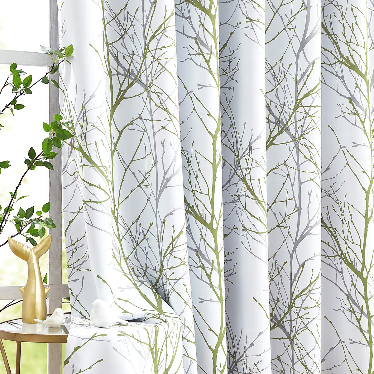 Fmfunctex Blackout Thermal Curtains for Bedroom 72 Inch Drop Green White Eyelet Curtains for Living Room Branch Print Room Darkening Energy Saving Window Curtain Drapes 2 Panels
