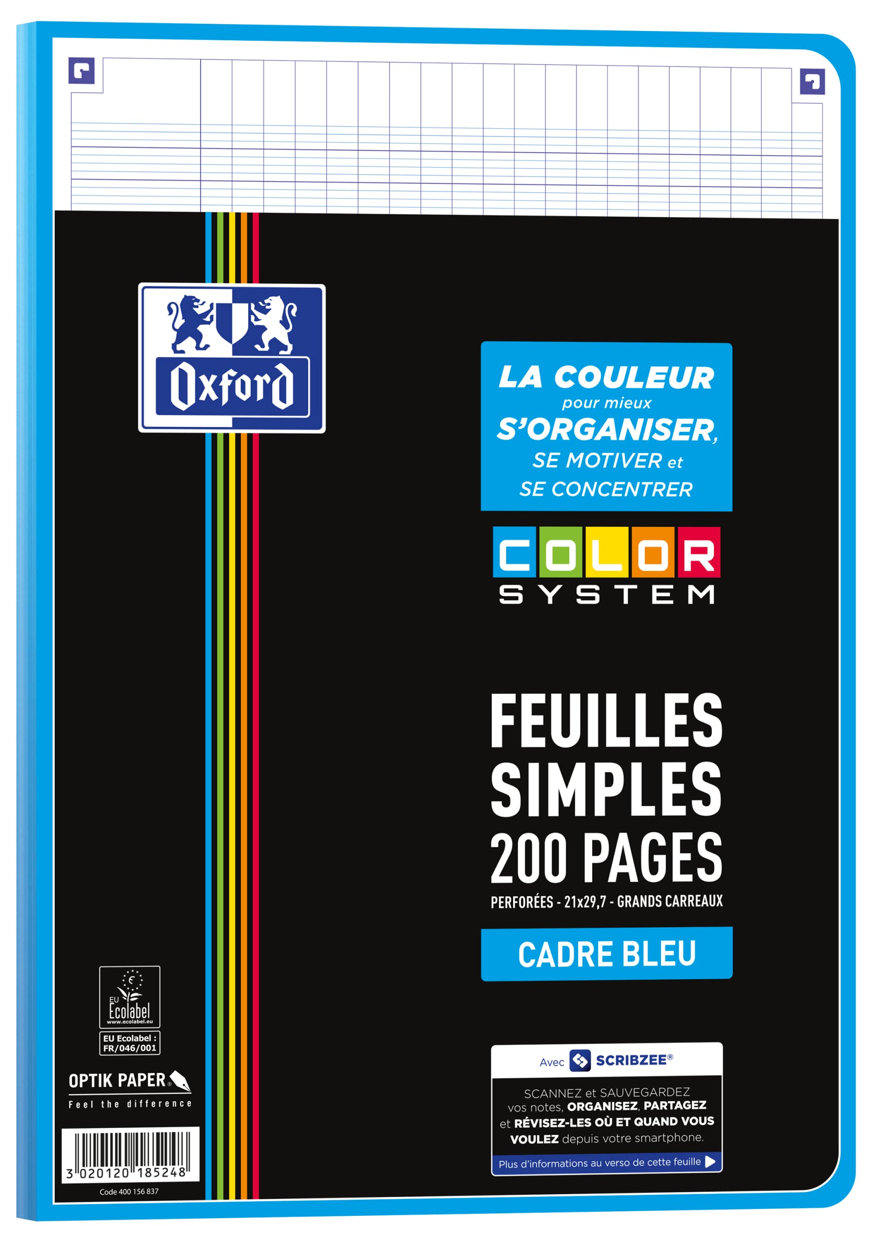 Oxford Color System A4 Perforated Single Sheets 200 pages Large Seyès Tiles 5 Frame Colors Assorted Cardboards 400156837