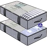 Onlyeasy Foldable Underbed Bags 2 Pack - Blankets Clothes Comforters Storage Bag Breathable Zippered Organizer for Bedroom with Clear Window and 4 Handles, 39.4x19.7x5.9 in, Linen-like Grey, MXDUBBP2