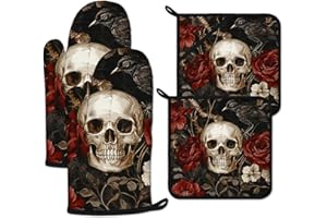 Halloween Skull Rose Crow Oven Mitts and Pot Holders Sets Heat Resistant 4Pcs Potholders Oven Gloves Hot Pads for Kitchen Bak