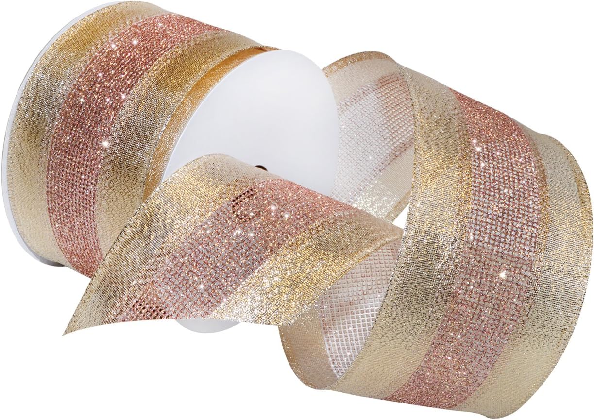 Morex Ribbon Dimensions Ribbon, Wired Polyester, 2 1/2 inches by 20 Yards, Blush, Item 7724.60/20-430, 2-1/2" x 20 yd, Blush & Gold