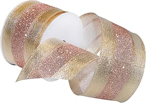 Morex Ribbon Dimensions Ribbon, Wired Polyester, 2 1/2 inches by 20 Yards, Blush, Item 7724.60/20-430, 2-1/2" x 20 yd, Blush & Gold
