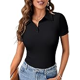 LYANER Women's V Neck Summer Casual Work Top Ribbed Knit Collared Shirt Short Sleeve Slim Fit Blouse