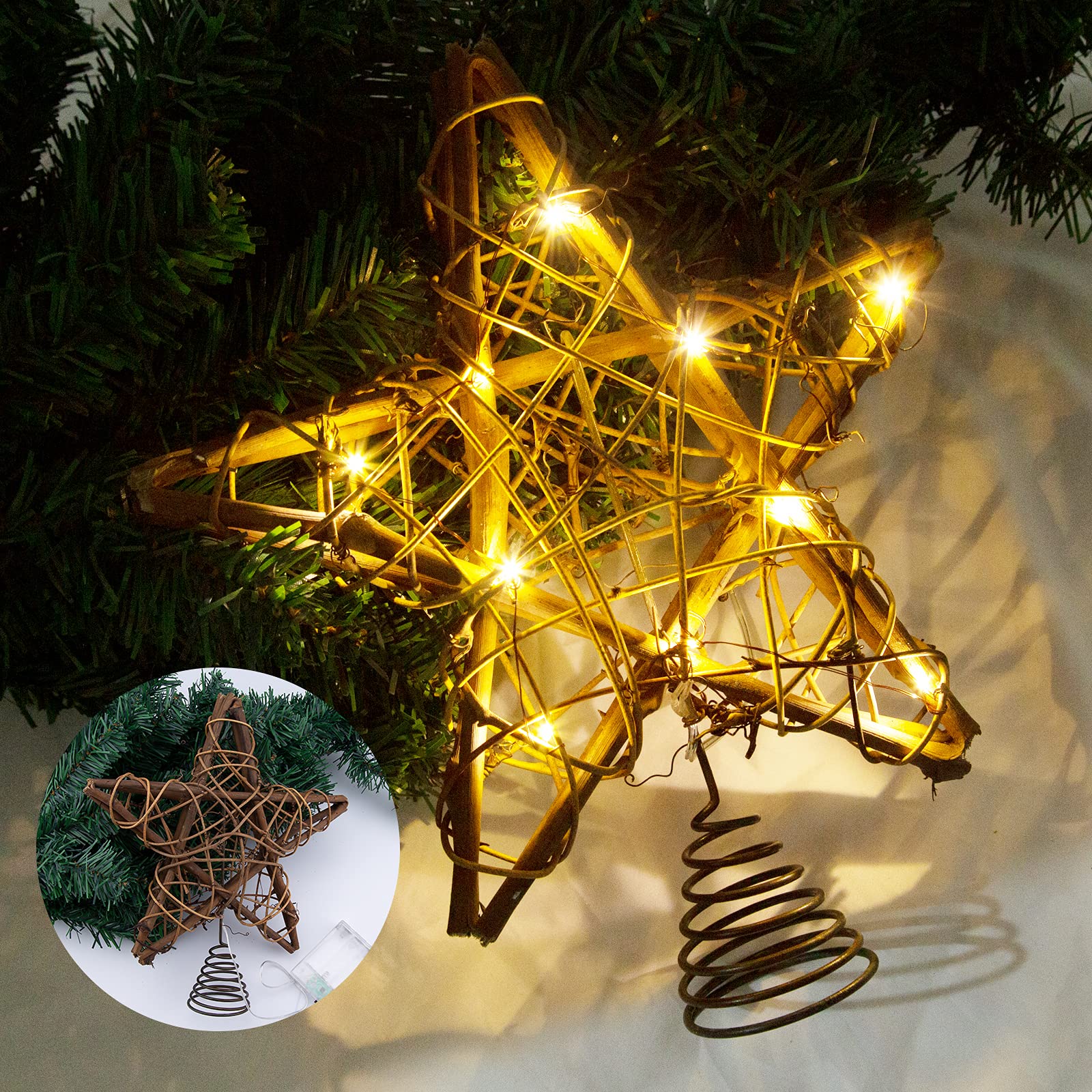 Photo 1 of LAWOHO Christmas Tree Topper Star, 10-inch Rustic Brown Rattan Natural with 10 Warm White Lights Three Functions with Timer, Seasonal Decoration for Festive Christmas Home Indoor Ornament