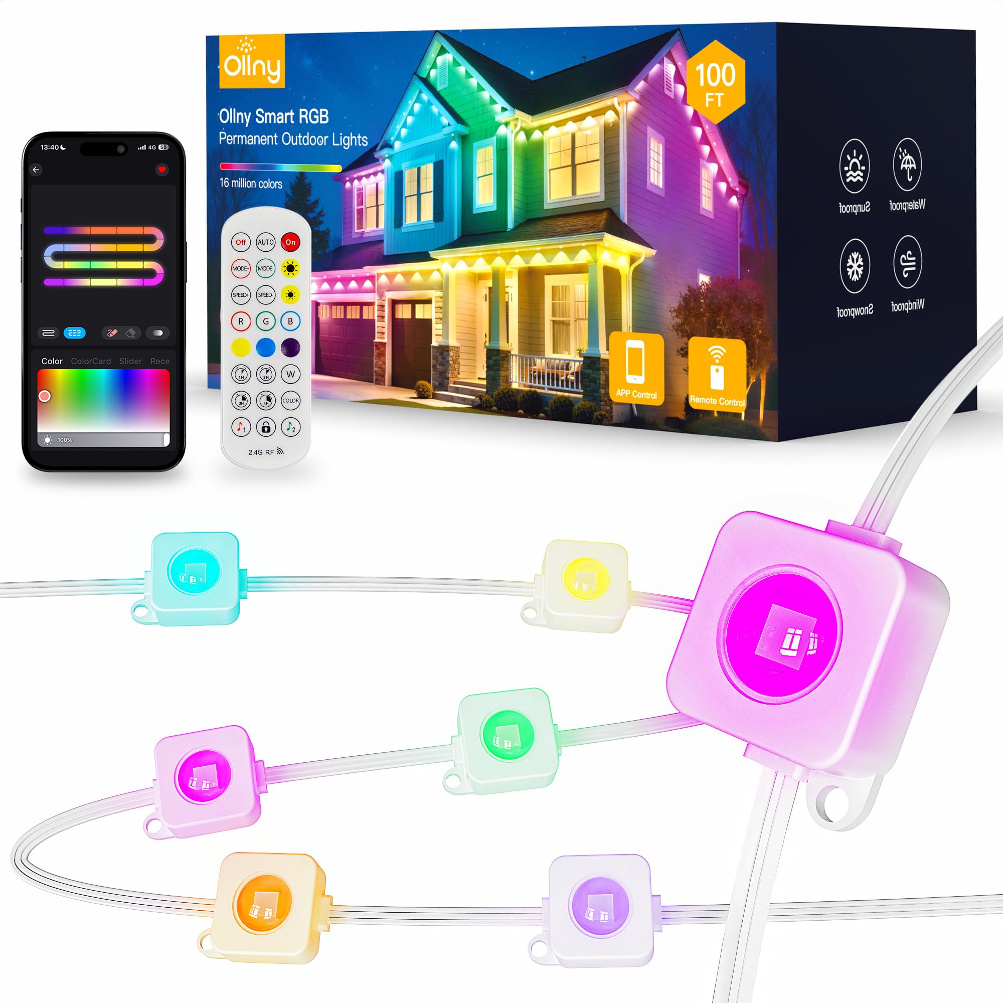 Photo 1 of Ollny 100FT 60LED Permanent Outdoor Lights, APP Control RGB Outdoor Lights 100 Scene Modes with Remote, DIY Music Modes Christmas Light for Holiday Xmas Halloween Decorations