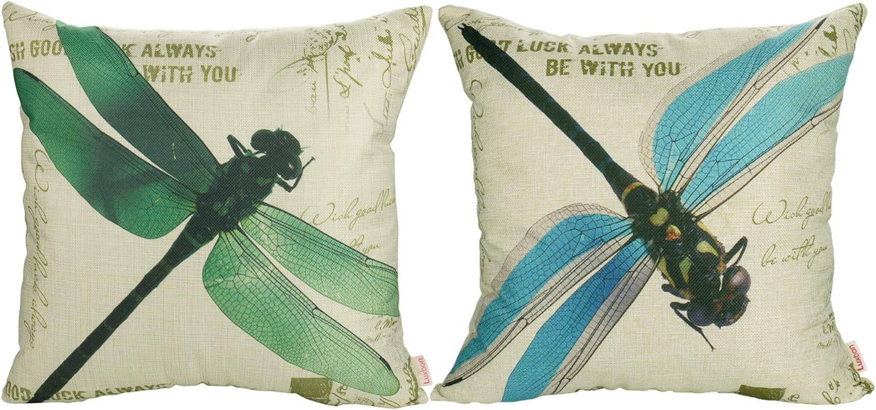 Luxbon Set of 2 Pcs Cushion Cover 45cmx45cm Dragonfly Pattern Blend Cotton Linen Throw Pillow Cover Abstract Design Pillowcase 18x18 Decorative Pillow Slips Home Sofa Summer Gifts