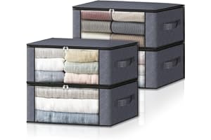 HomeHacks Storage 4-Pack Clothes Organizer Storage Bags Foldable Storage Box with Large Clear Window Sturdy Handles for Closet, Dorm, Pillows, Bedding, Clothes, Stuffed Toys, Blankets, Grey