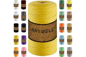 ANYWELL Yellow Macrame Cord 3mm x 218 Yards, Corde Macramé, Colored Macrame Rope, Cotton Cord, Handmade Soft 4-Strand Twisted