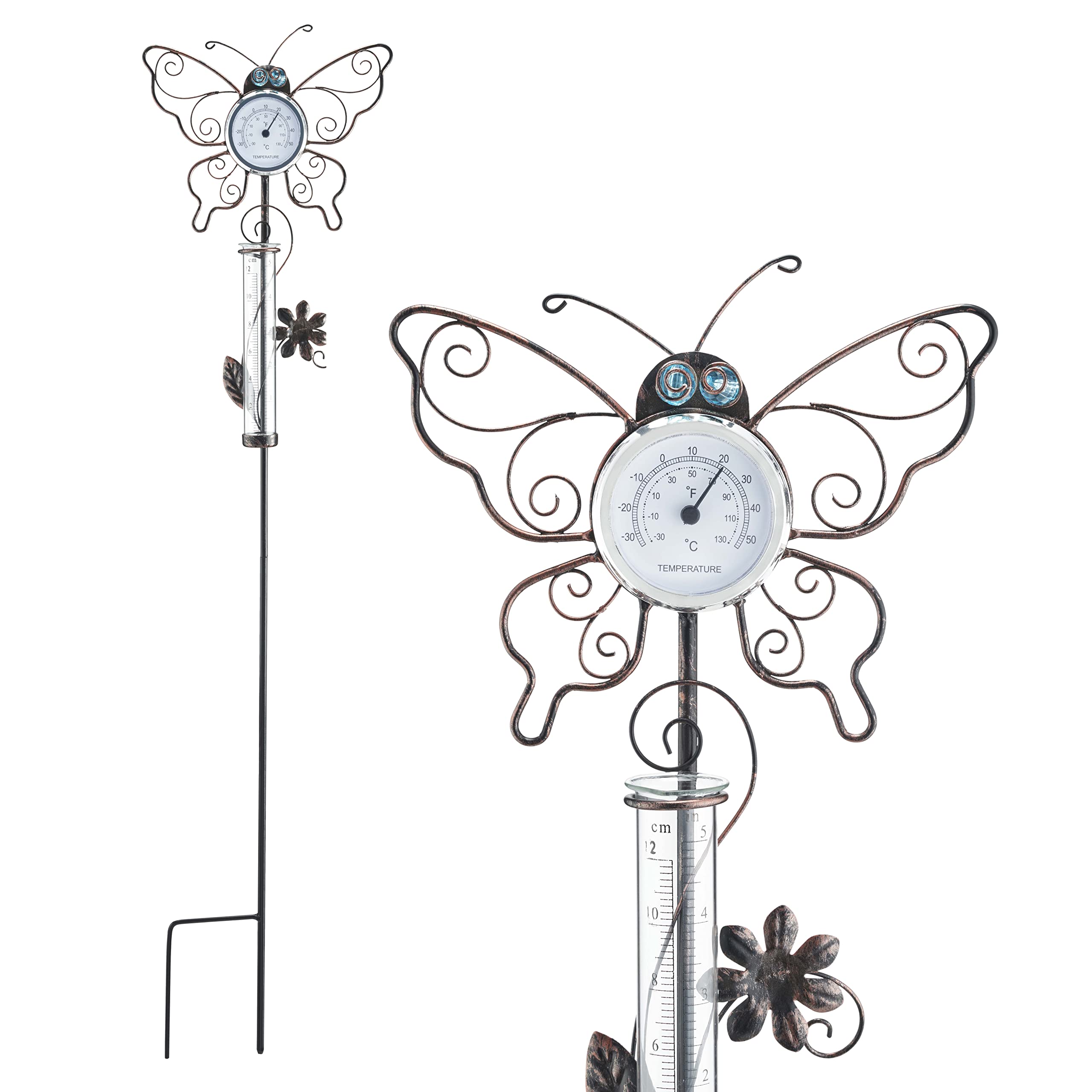 Butterfly Design Outdoor Thermometer & Rain Gauge – Rust-Proof Metal Decorative Garden Weather Tracking Station for Borders, Lawns, Plant Pots, Yards, Courtyards – Measures 80 x 18.5 x 11cm