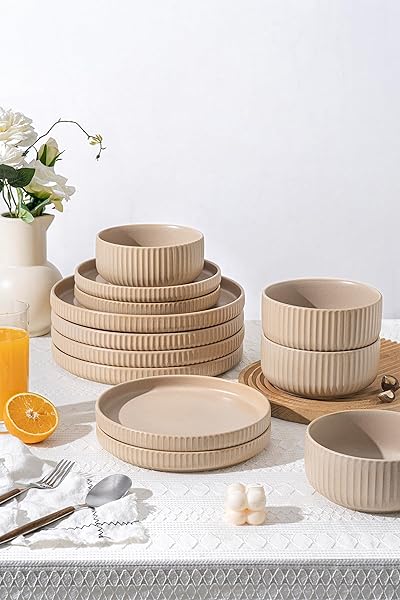 FOBENTA DINNERWARE SETS FOR 4,MICROWAVE SAFE PLATES AND BOWLS SETS,12 PIECE DYLAN DISH SET,REACTIVE GLAZE STONEWARE DINNERWARE SET (MATTE REACTIVE KHAKI BEIGE, SERVICE FOR 4 (12PCS))
