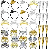HOWAF New Year Eve Party Supplies 2026, 36pcs Glitter Happy New Years Headband Laser Gold Silver Paper Eyeglasses Noise Makers Gold New Years Decorations for 2026 NYE Party Favor Accessories