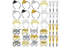 HOWAF New Year Eve Party Supplies 2026, 36pcs Glitter Happy New Years Headband Laser Gold Silver Paper Eyeglasses Noise Makers Gold New Years Decorations for 2026 NYE Party Favor Accessories