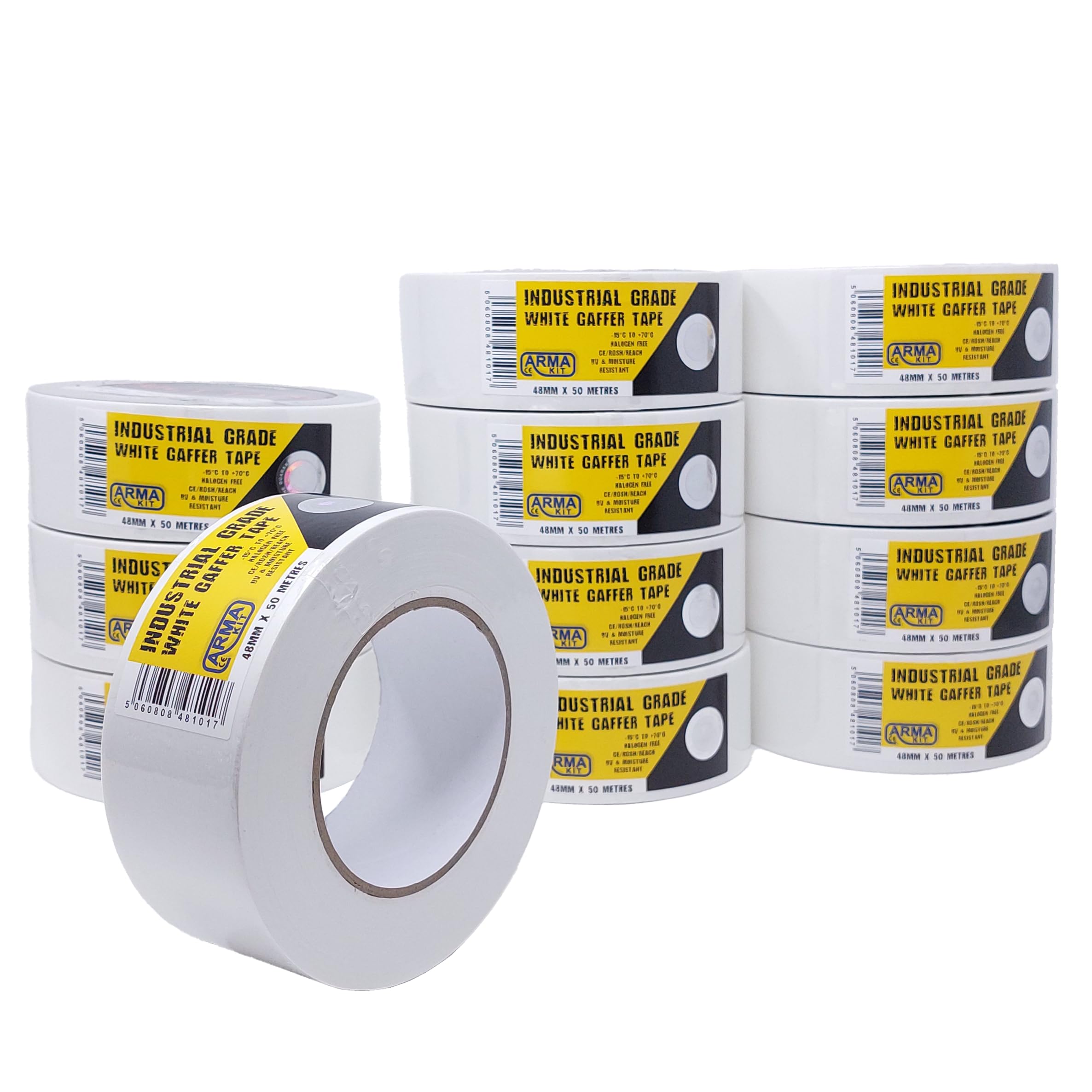 ArmaKit Heavy Duty Duct Tape | 48mm wide x 50M length (12 Pack) | Industrial Tape Grade - Strong Gaffer Tape indoor and outdoor use, thick gaffa tape patch and seal tape (White)