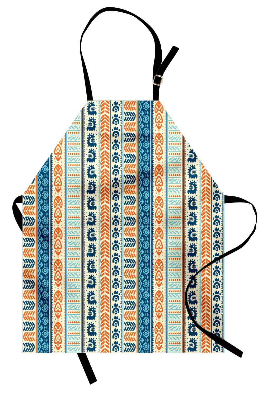 ABAKUHAUS Tibal Apron, Aztec Ancient Vintage Ethnic Pattern with Native American Folk Figures Artisan Art, Unisex Kitchen Bib Apron with Adjustable Neck for Cooking Baking Gardening, Merigold Blue
