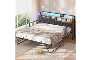 ADORNEVE Daybed with Trundle, Twin to King Daybed with Charging Station & LED Lights, Metal Trundle Bed Twin with Hidden Storage Headboard, Upholstered Sofa Day Bed for Living Room, Bedroom, Drak Grey