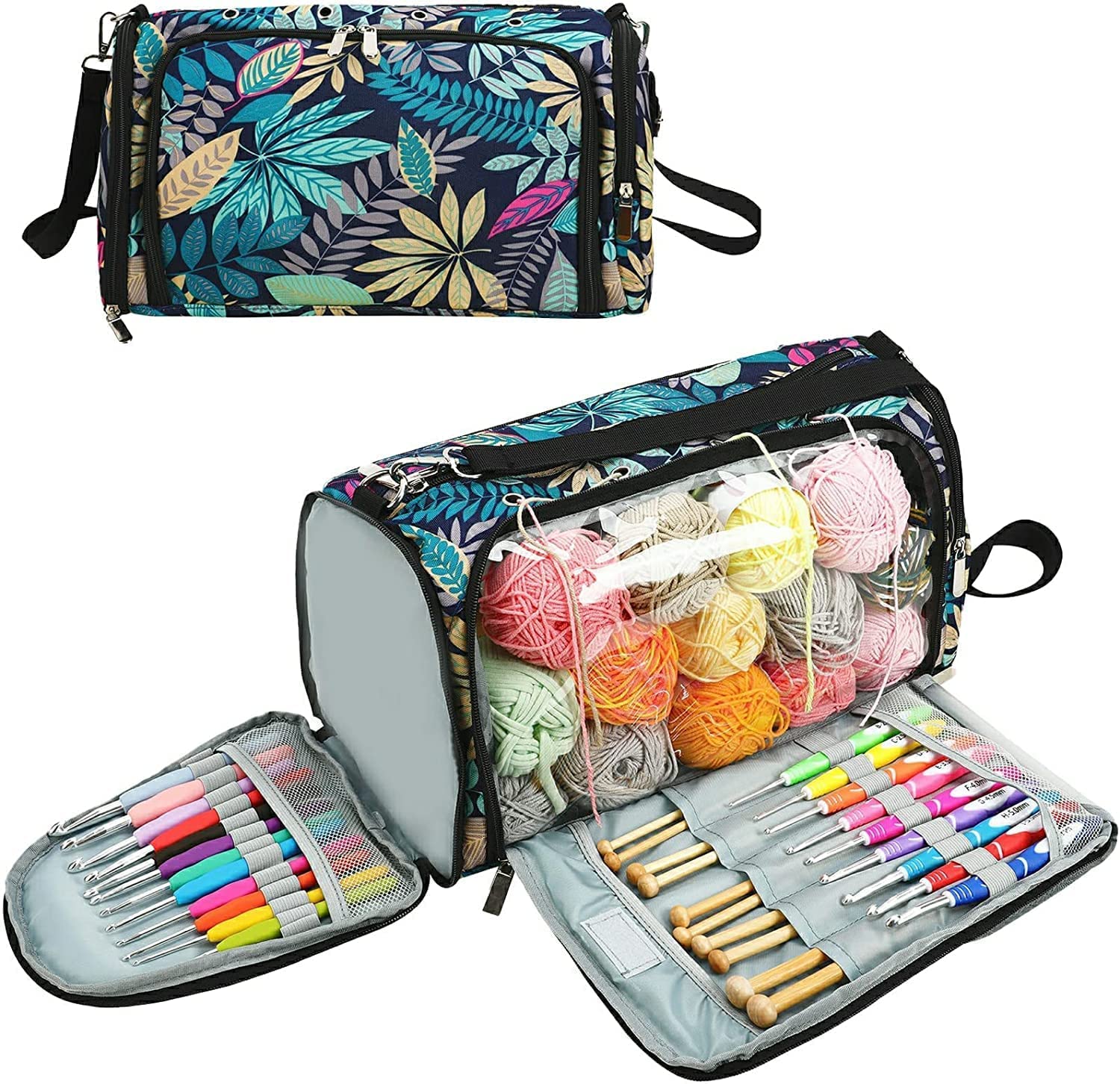 JOZEA Knitting Bag Yarn Bag for Crochet, Yarn Tote Storage Organizer Portable Individual Compartments for Carrying Unfinished Project (Blue)