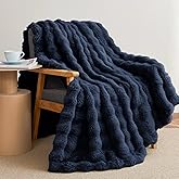 Faux Rabbit Fur Throw Blanket for Couch, Fluffy Warm Plush Thick Bubble Blanket for Bed Sofa Living Room, Soft Cozy Furry Blanket, 50x60 inches, Navy Blue