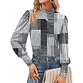 Qirno Womens Mock Neck Puff Long Sleeve Tops Casual Loose Solid Basic T Shirt Button Cuffs Pullovers Shirts Blouse