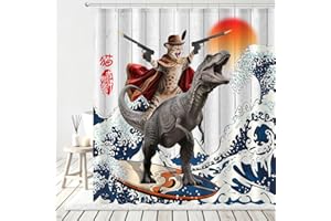 AMLabubu Funny Cat Riding Dinosaur Shower Curtain Set, Japanese Anime Sunset Ocean Waves Home Bathroom Decor, Polyester Cloth Fabric Bath Curtain with 12 Hooks 72" W x 72" L