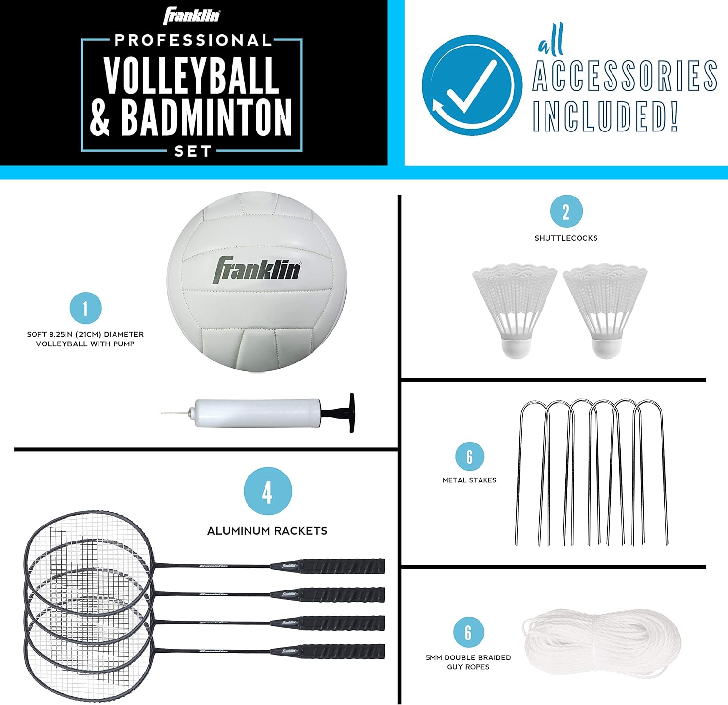 Franklin Sports Volleyball & Badminton Combo Set - Portable Backyard Volleyball & Badminton Net Set - Volleyball, Rackets & Birdie Included - Family, Model:50611 : Sports & Outdoors