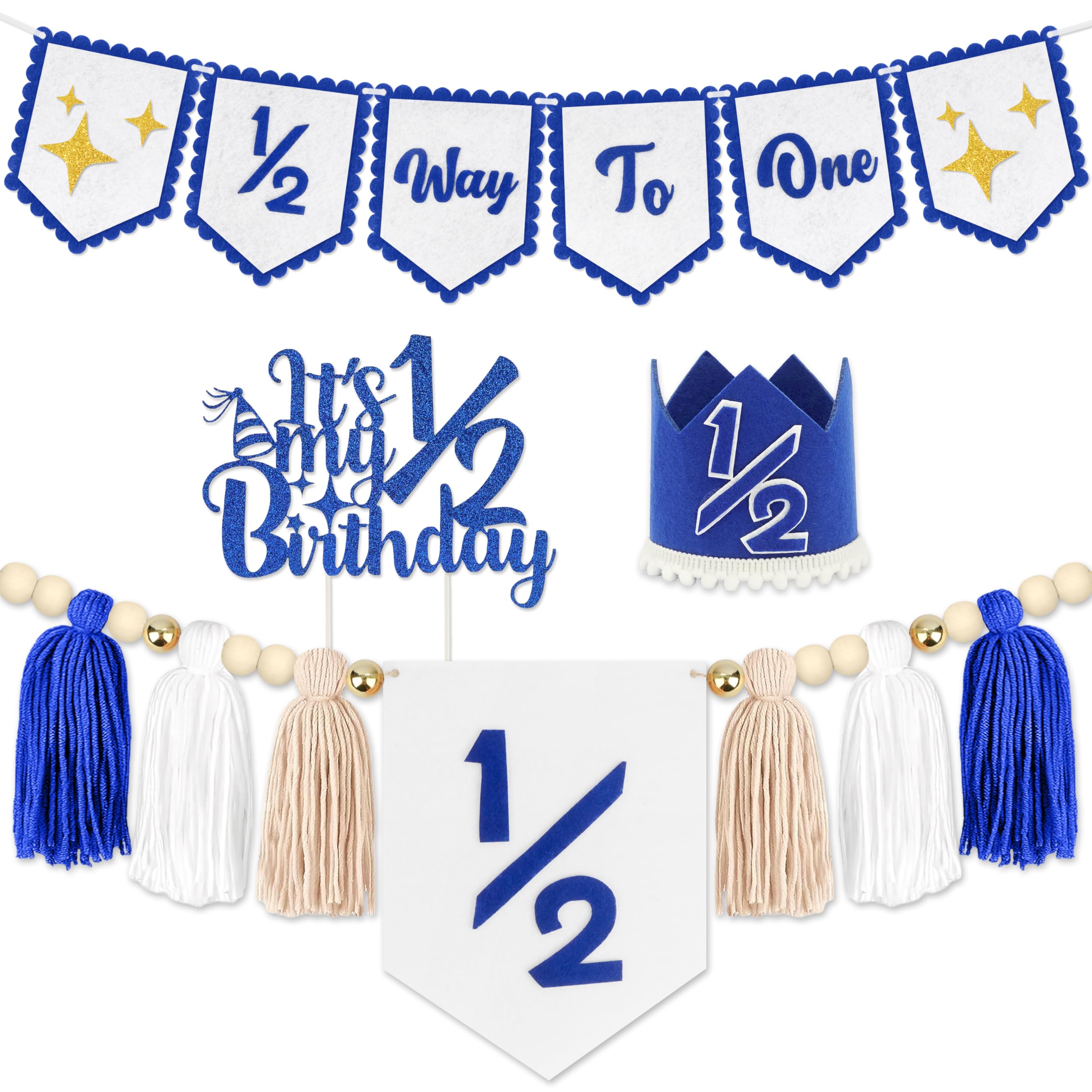Photo 1 of 1/2 Birthday Blue Half Birthday Decorations - Blue Star It's My 1/2 Birth Banner, Glitter Cake Topper Tassel Wood Bead High Chair Banner & Crown, Hat Halfway to One Boy Girl Party Supplies