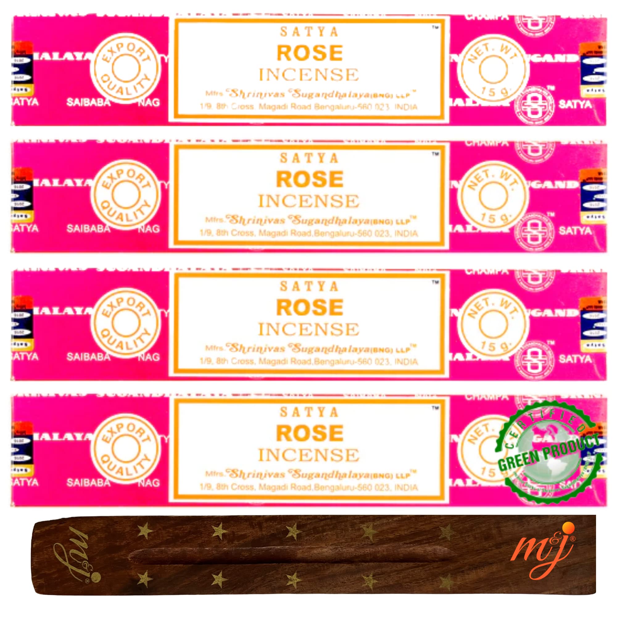 Original Satya Nag Champa Rose Incense Sticks | with M&J incense sticks holder | x4 pack | for Aromatherapy, Spa, Yoga, Weddings, Meditation, Healing, Positivity and Relaxation — image 1