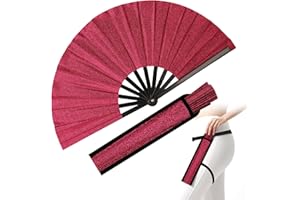 Secrtji 13 inch Glitter Large Rave Folding Clack Hand Fan with Holster for Men/Women Handheld Fan for EDM,Festival,Club,Party,Line Dancing,red