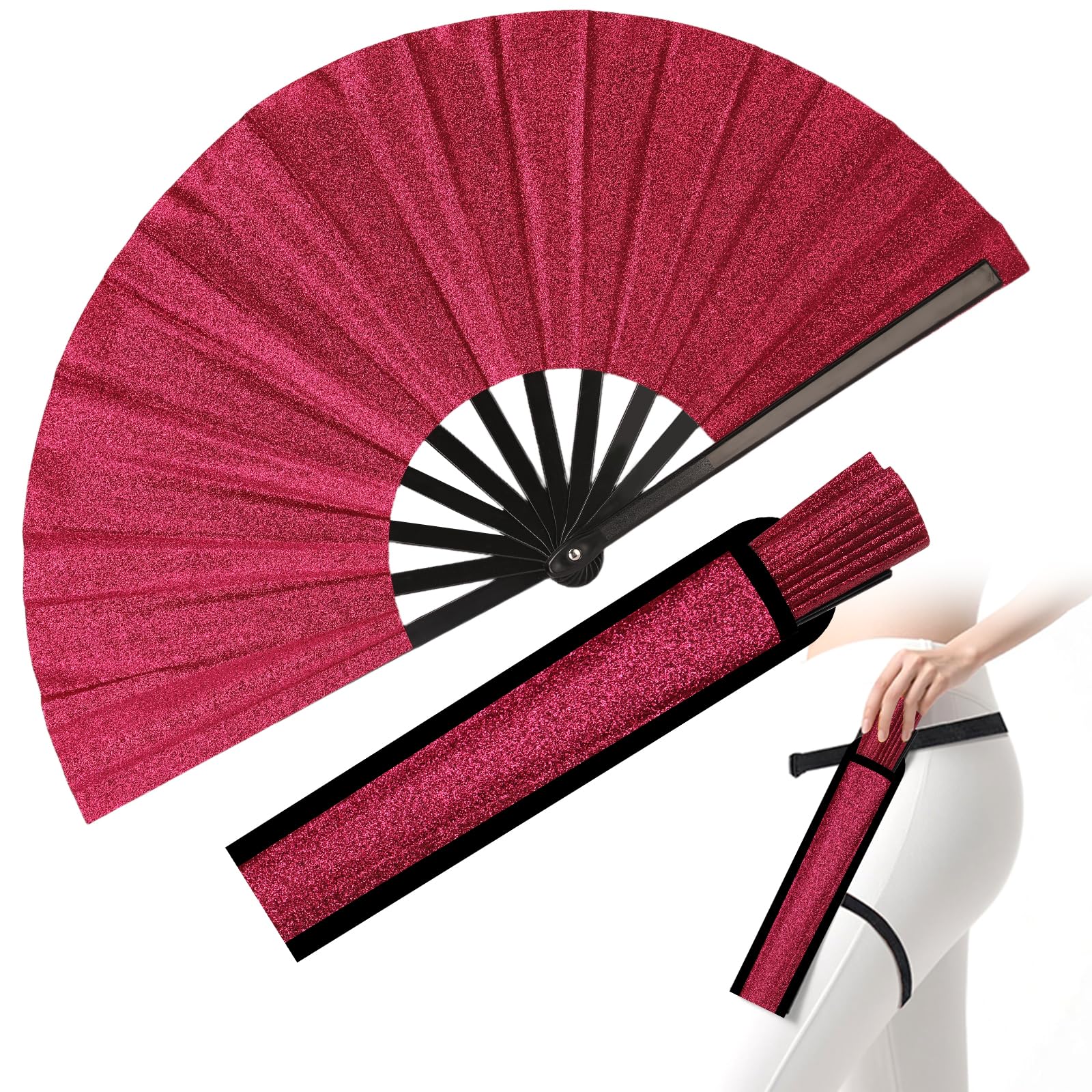 Photo 1 of Secrtji 13 inch Glitter Large Rave Folding Clack Hand Fan with Holster for Men/Women Handheld Fan for EDM,Festival,Club,Party,Line Dancing,red