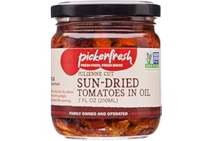 Pickerfresh Julienne Cut Sun-Dried Tomatoes In Oil with Herbs - Sulphite Free - Gourmet Sun-Dried Tomato Slices - Non-GMO, No Artificial Color & No Preservatives - 7 oz