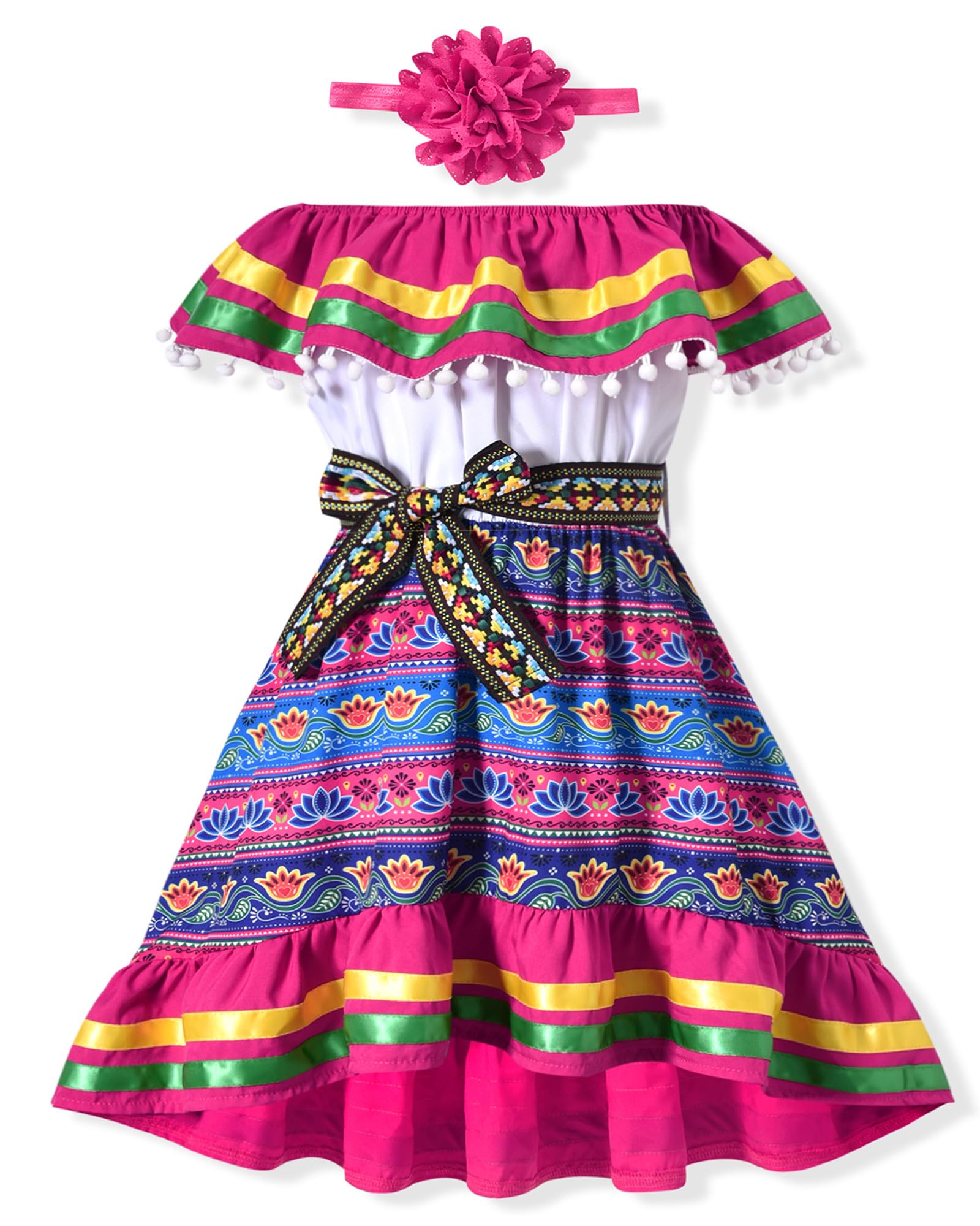 Photo 1 of fioukiay Girls Off The Shoulder Mexican Dress Little Girl High Low Floral Color Block Dresses, Hot Pink, 6-7 Years