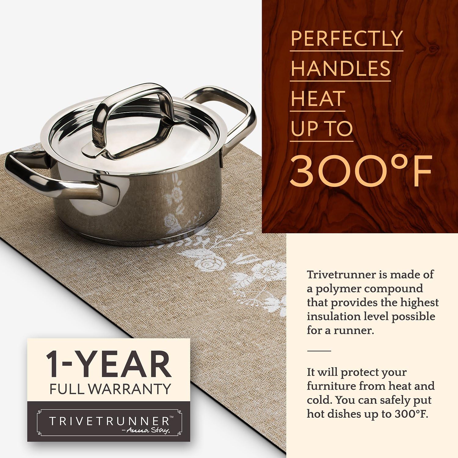 Trivetrunner :Decorative Trivet and Kitchen Table Runners Handles Heat Up to 300F, Anti Slip for Hot Dishes and Pots, Protect Furniture Countertops,Dressers and Island Protector(Jute & Flowers): Home & Kitchen