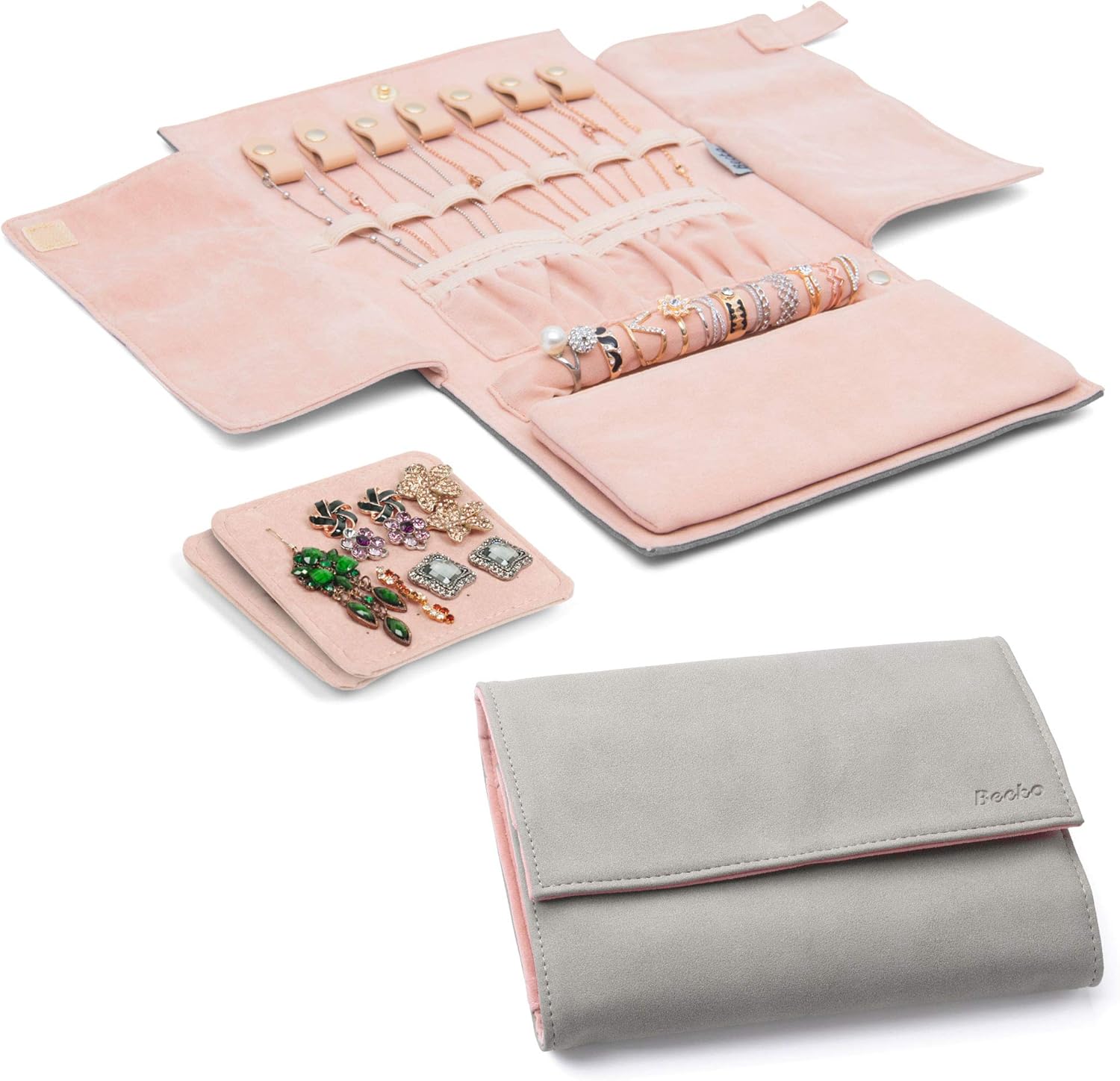 Becko Jewellery Organizer Roll Travel Jewel Bag case for Multiple Necklaces Rings, Bracelets, Supple Leather & Suede