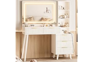 INNOD Vanity Desk with Mirror and Lights, Makeup Vanity Desk with Power Outlet, Makeup Desk with 5 Drawers&Storage Shelves, Vanity Table 3 Color Modes Adjustable Brightness Dressing Table Set for Bedroom