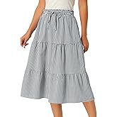 Seta T Women's Gingham Skirt Summer Casual Drawstring Waist Tiered Plaid A-Line Midi Skirts with Pockets
