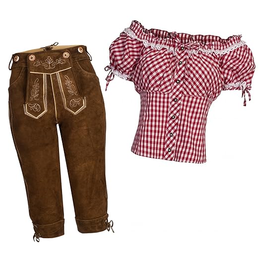 Damen Set Trachten Lederhose Kniebund hellbraun + Träger + Trachtenbluse Carmenbluse kariert in versch. Farben