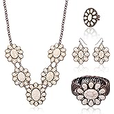 JMScape 4 PCS Western Turquoise Jewelry for Women Boho Vintage Navajo Pearl Necklace Earring Bracelet Ring Set Country Cowgirl Accessories for Gift
