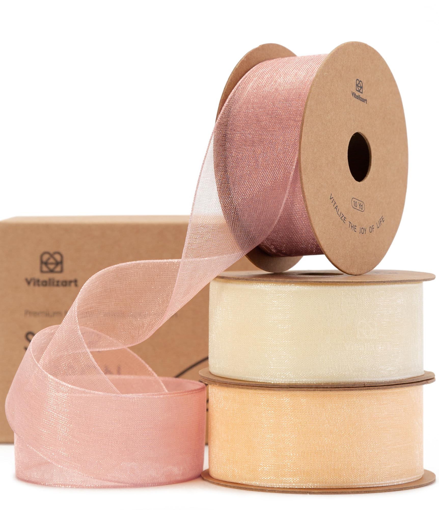 Vitalizart Cream & Rose Gold Organza Ribbon, 1'' x 30YD (3 Rolls*10YD), Sheer Fabric for Crafting, Wide Gift Ribbon for Gift Wrapping, Christmas Tree, Decoration, Bows, Wedding Invitations